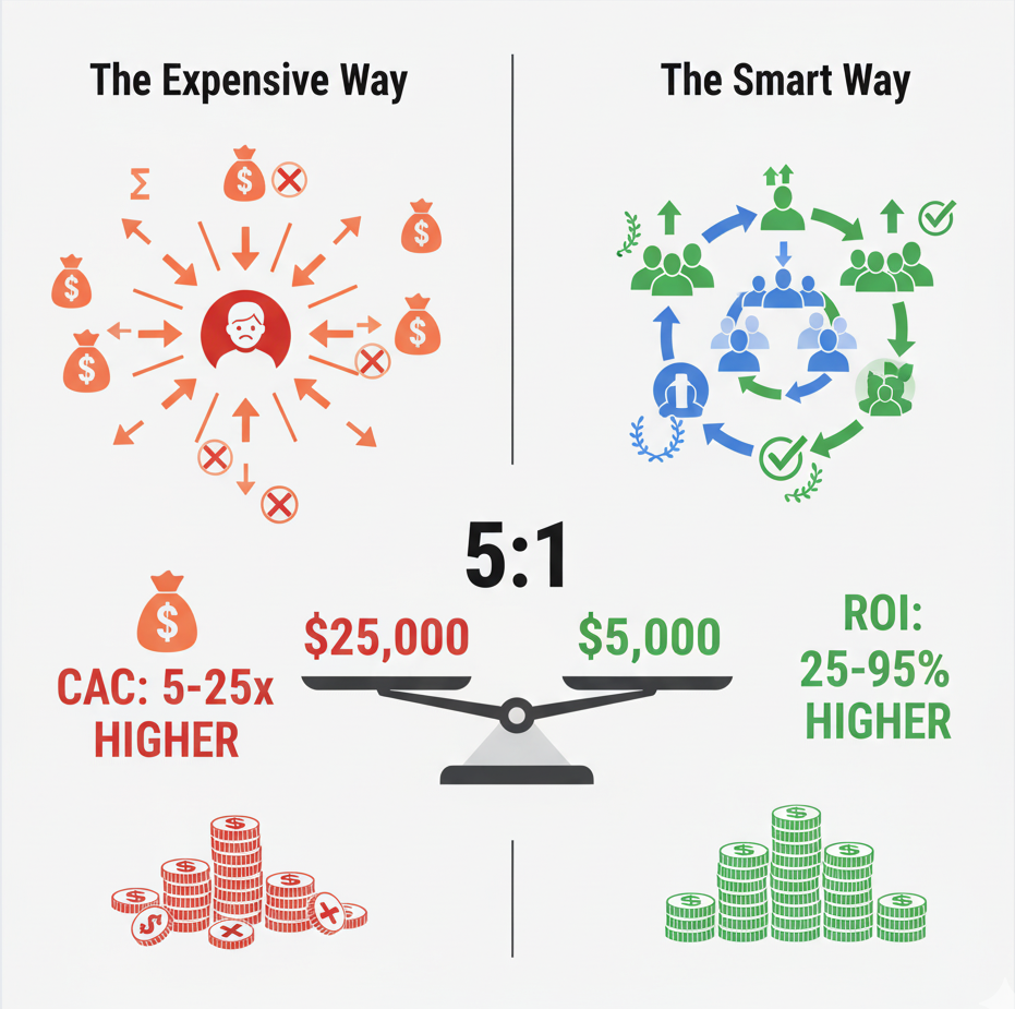Comparación visual del costo de adquisición de clientes (CAC 5-25x mayor, $25,000) versus retención ($5,000). The Expensive Way muestra dispersión, The Smart Way ciclo virtuoso con ROI 25-95% más alto