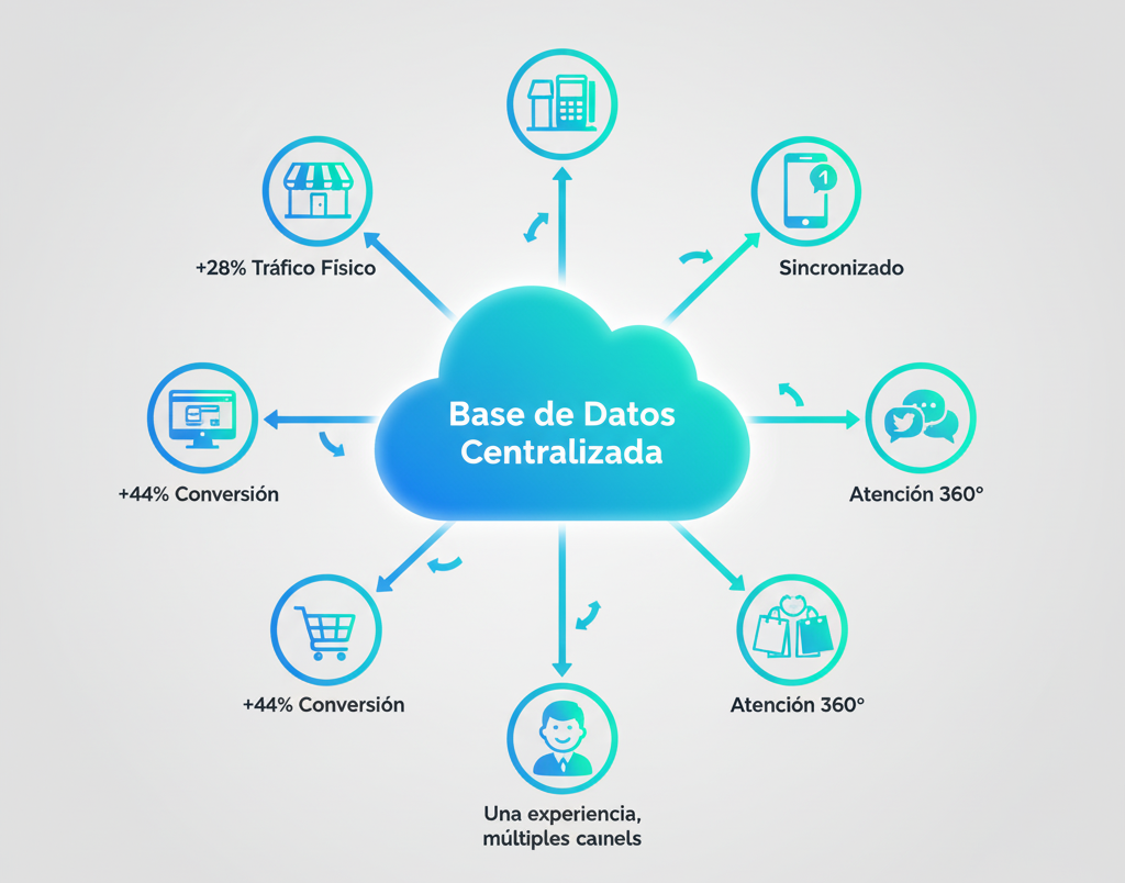 Ilustración de una empresa retail integrando tienda física y tienda online en un sistema omnicanal con inventario y datos centralizados